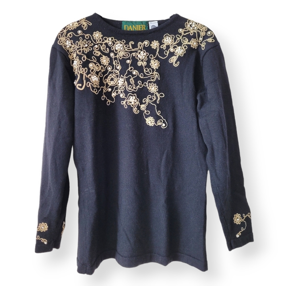Vintage Danier Pure Virgin Wool Long Sleeve Crew Neck Sweater Black Pearl Gold